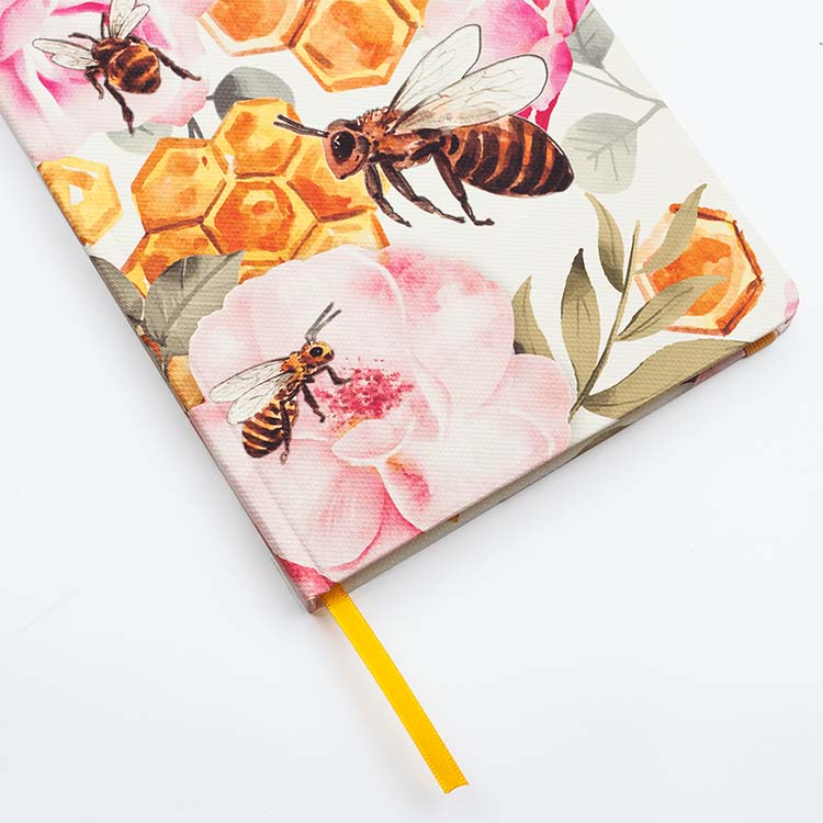 Insect Hardcover Journal with Buzzing Bees design featuring matching ribbon on a white background