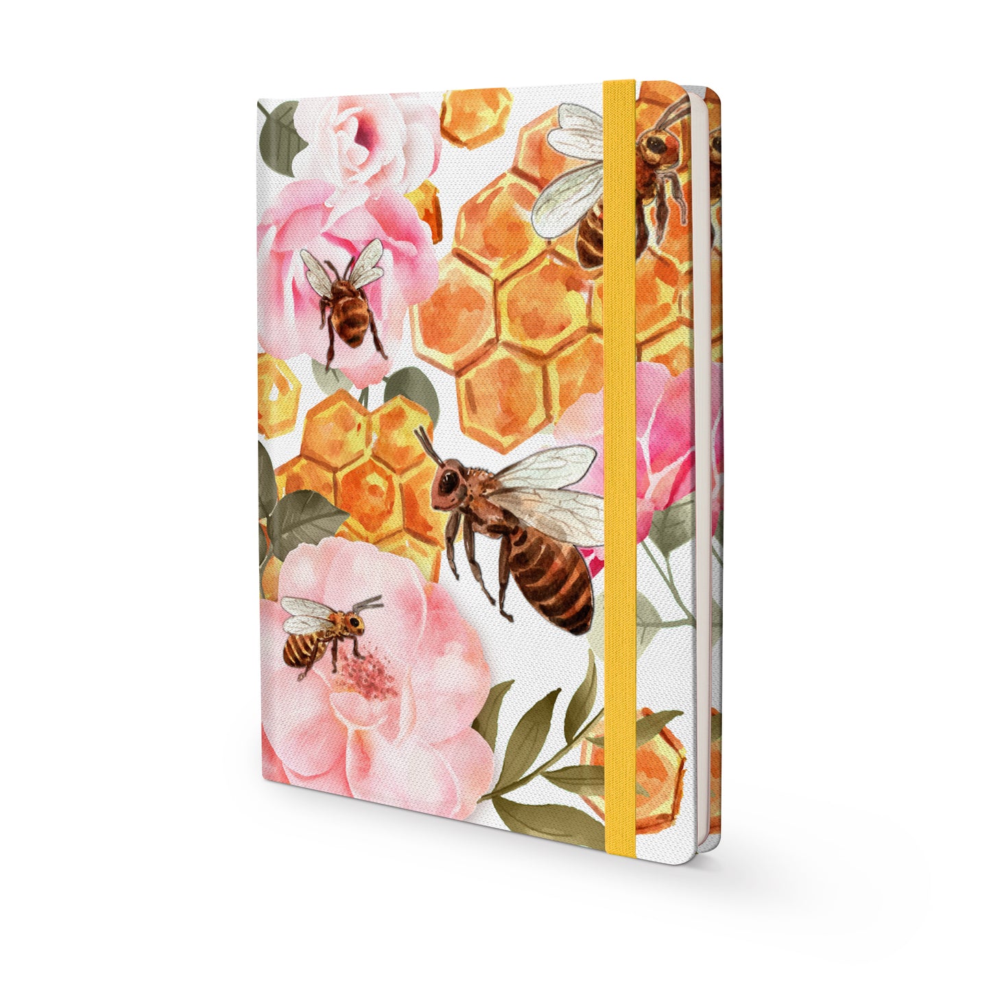 Cover of Insects Hard Cover Journal A5 with buzzing bees design and matching ribbon on a white background
