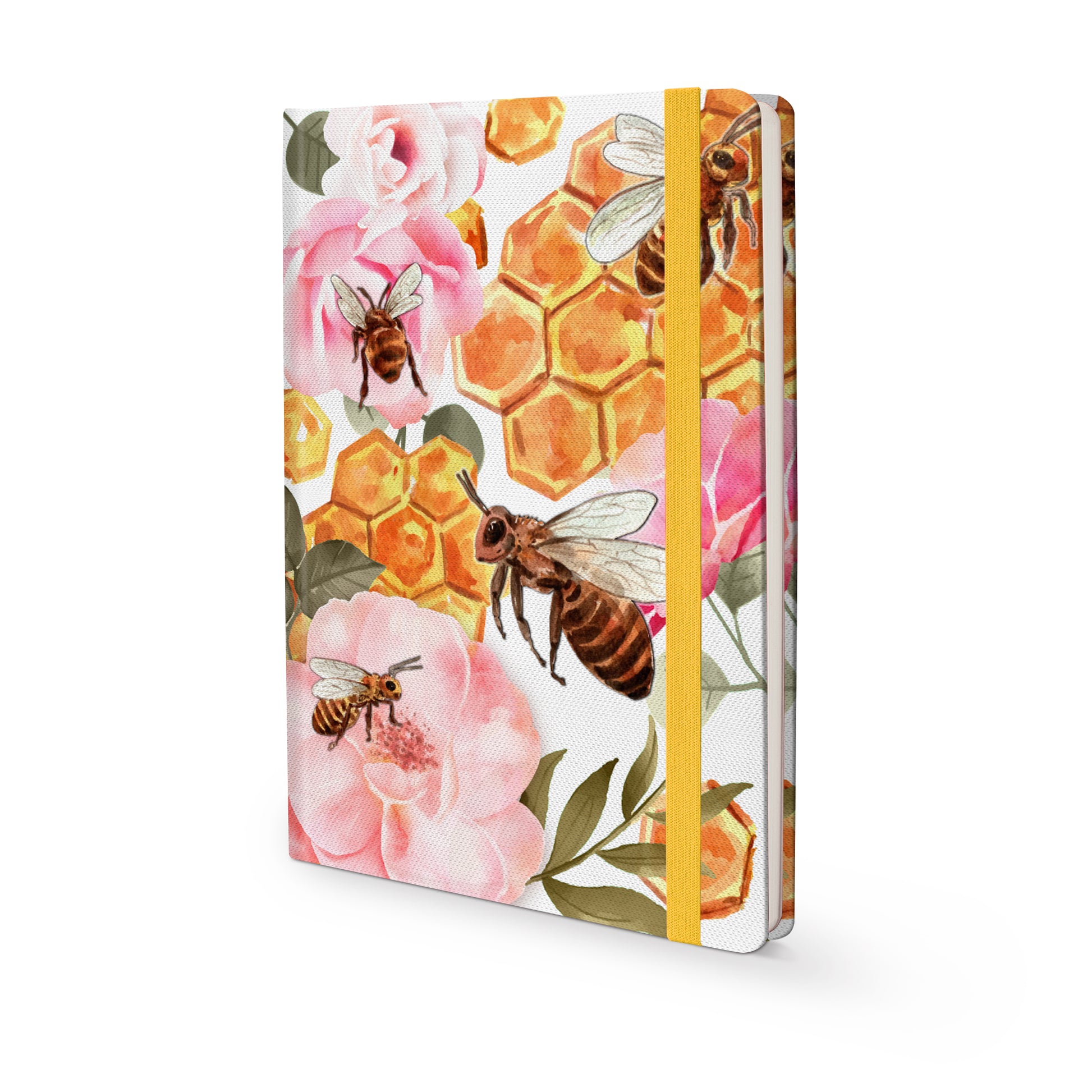 Cover of Insects Hard Cover Journal A5 with buzzing bees design and matching ribbon on a white background