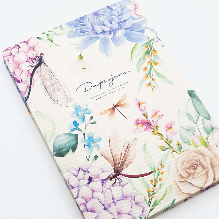 Back cover of Insects Hard Cover Journal A5 with dashing dragonflies design on a white background