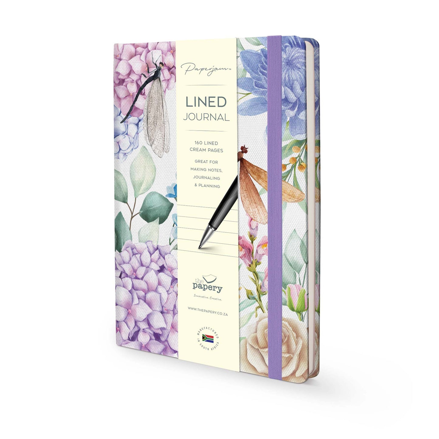 Lined pages inside Insects Hard Cover Journal A5 with dashing dragonflies design and matching ribbon on a white background
