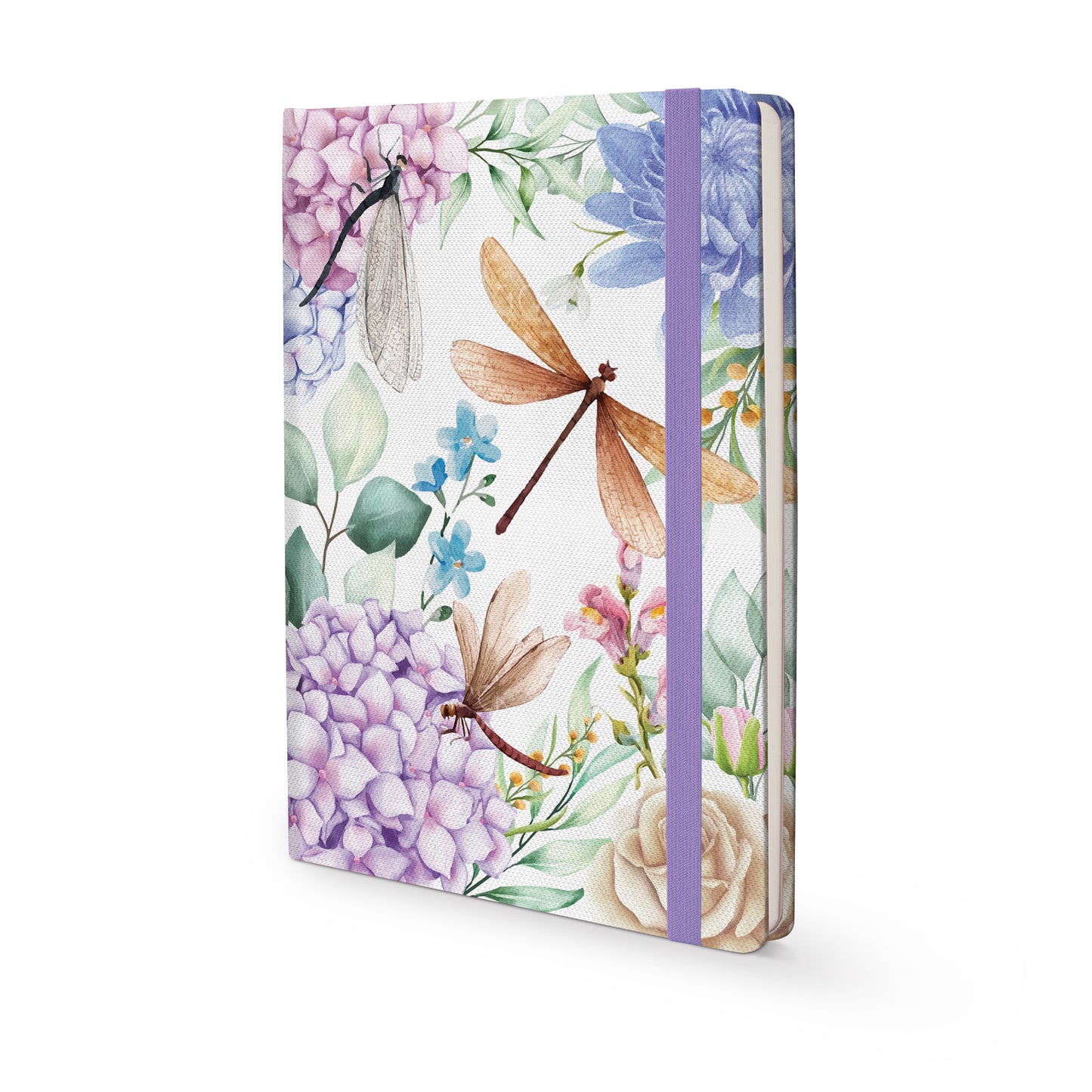 Cover of Insects Hard Cover Journal A5 with dashing dragonflies design and matching ribbon on a white background