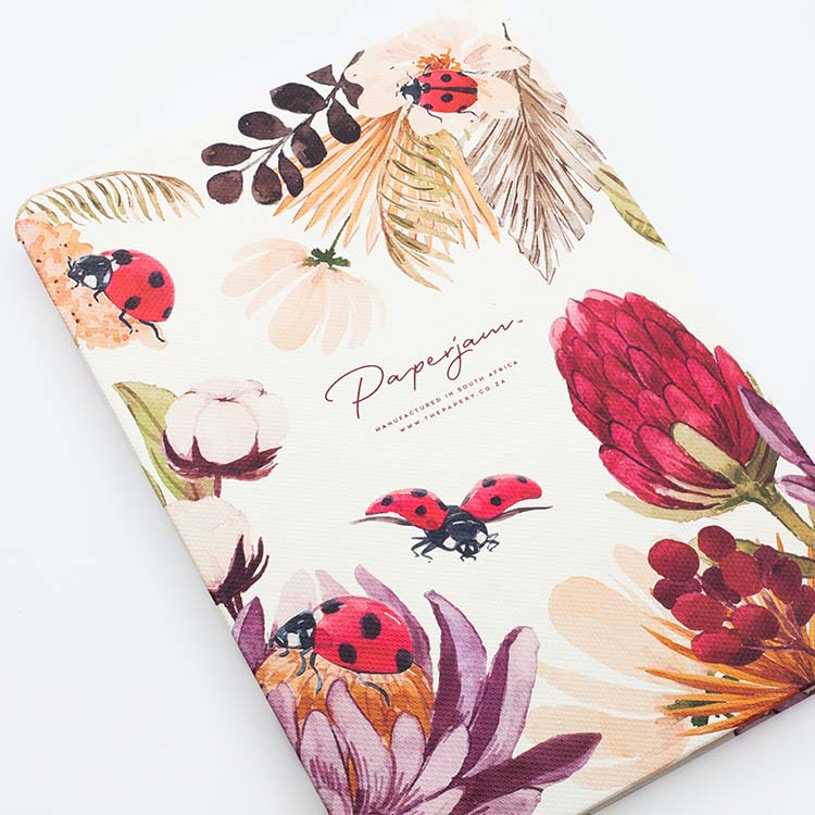 Back cover of Insects Hard Cover Journal A5 with luscious ladybugs design on a white background