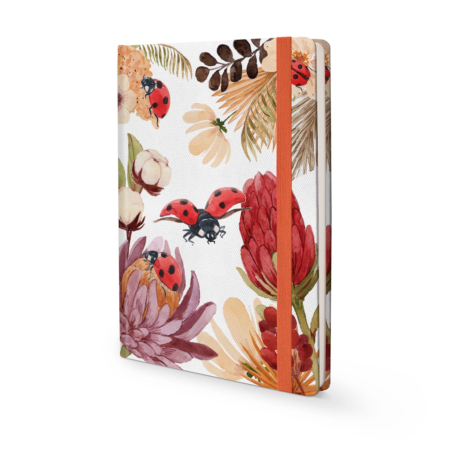 Insect Hardcover Journal with Luscious Ladybugs design, matching ribbon on a white background