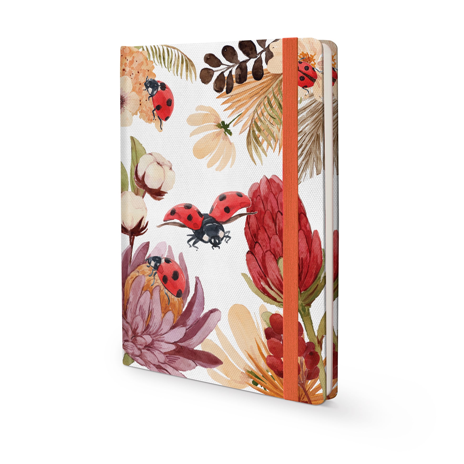 Cover of Insects Hard Cover Journal A5 with luscious ladybugs design and matching ribbon on a white background