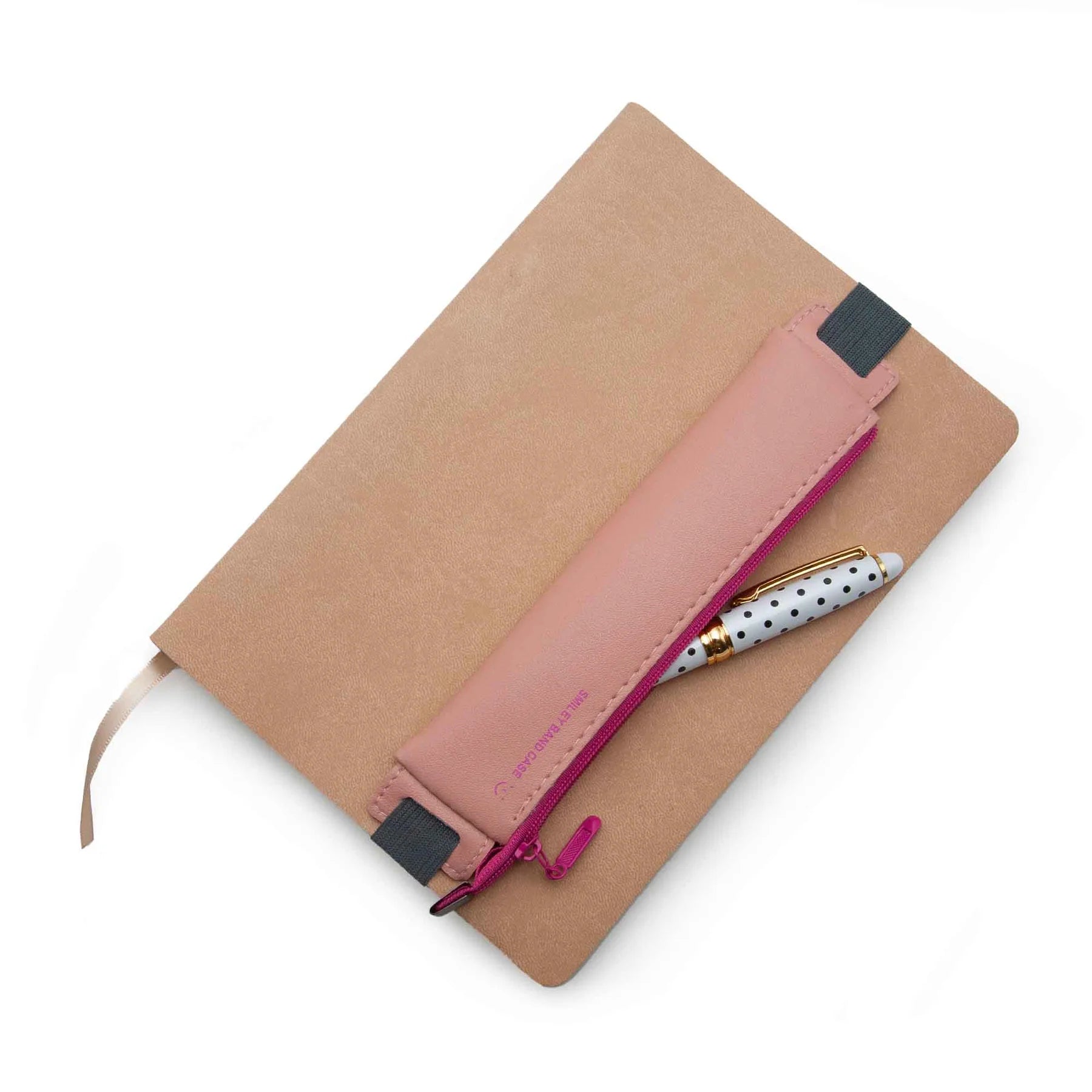 Diary/Journal Pencil Pouch case in pink with pink zipper with a journal on a white background