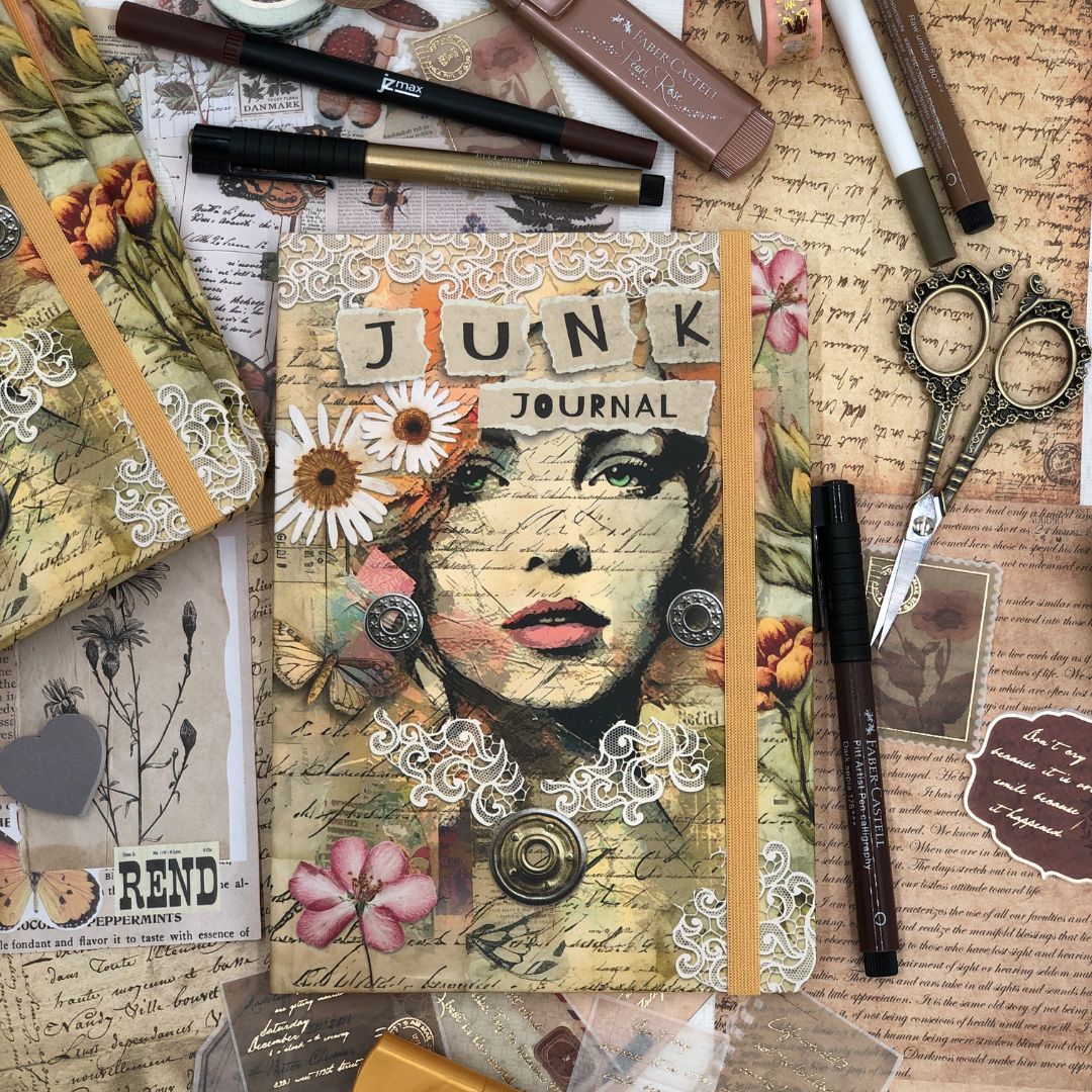 Junk journal with decorative lifestyle elements and stationery items on a textured surface