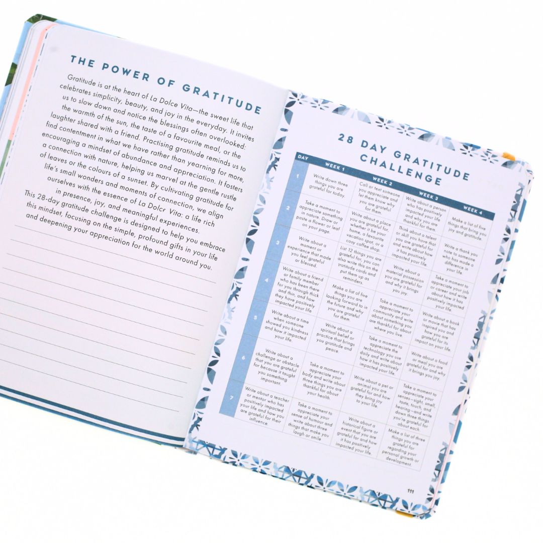 Open La Dolce Vita Life is beautiful guided vision Journal with 28 day gratitude challenge and writing pages on a white background