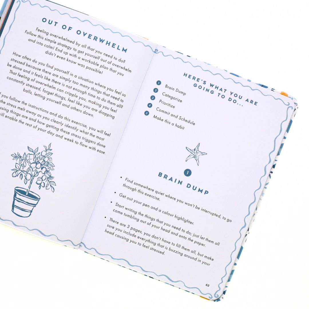 Open La Dolce Vita Life is beautiful guided vision Journal with brain dump pages showing text and bullet points on a white background