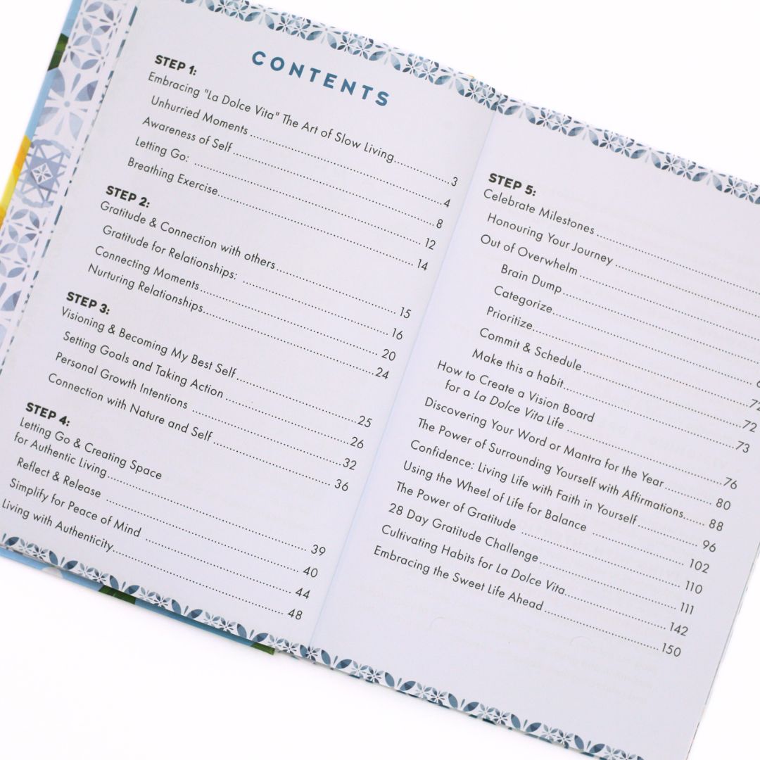 La Dolce Vita Life is beautiful guided vision Journal Table of contents page of a book with a floral design on the cover