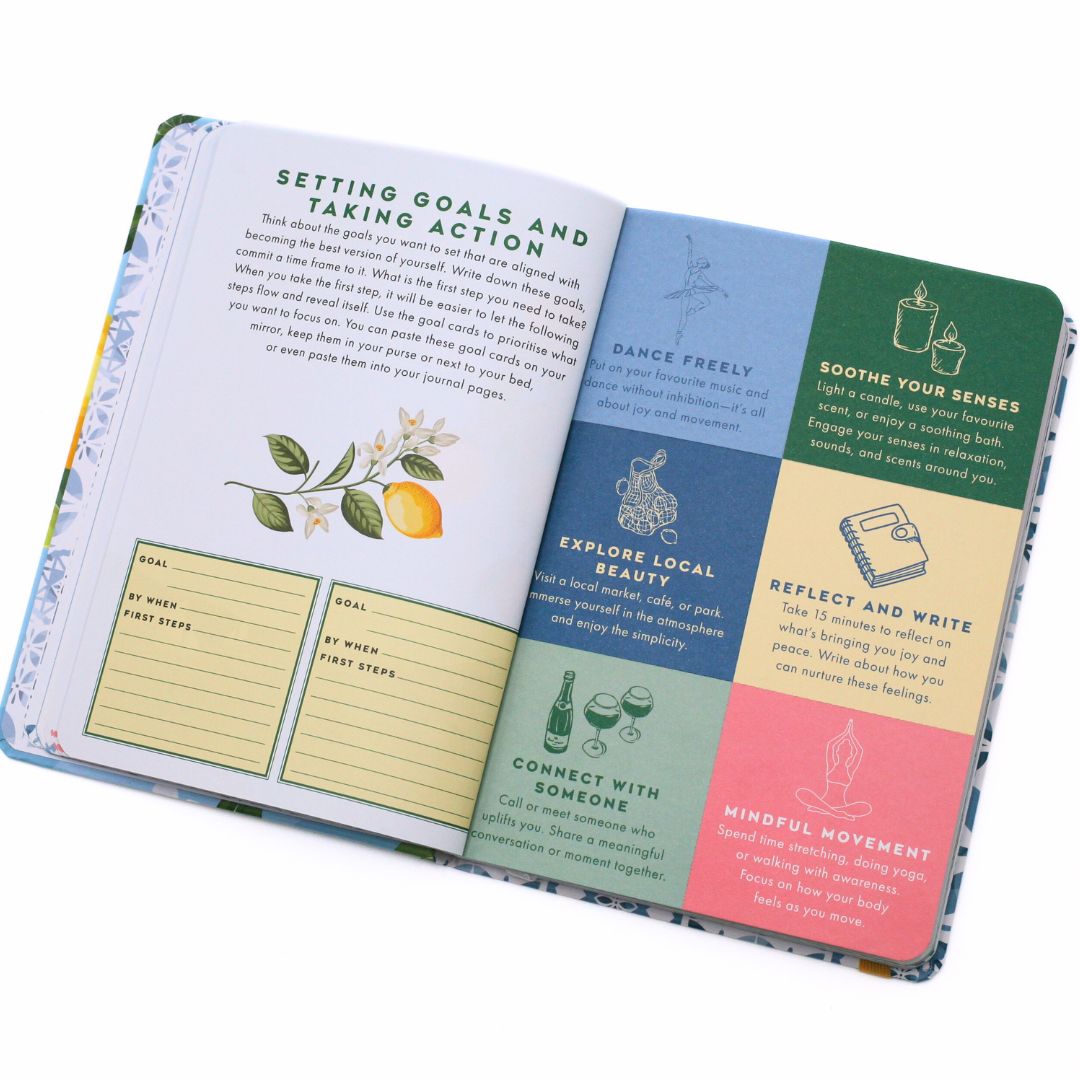 Open La Dolce Vita Life is beautiful guided vision Journal with colorful interactive sections and text on a white background