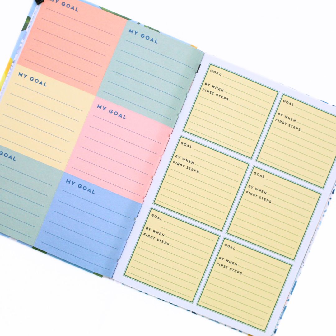 Colorful step by step goal-setting sticky notes with pre-printed text on a white background