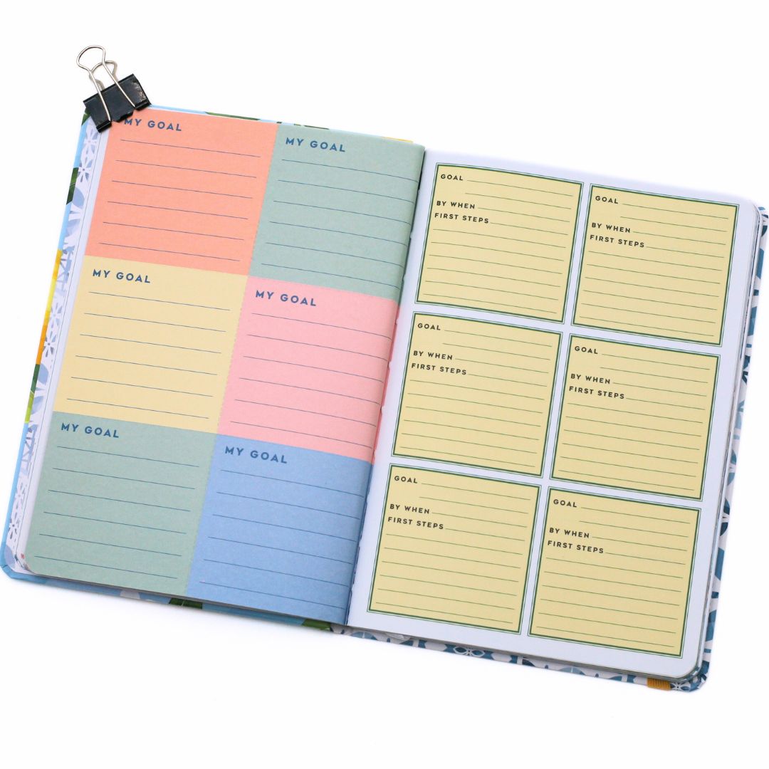 La Dolce Vita Life is beautiful guided vision Journal with goal setting colorful sticky notes labeled 'My Goal' , 'By when' , 'First steps' on a white background