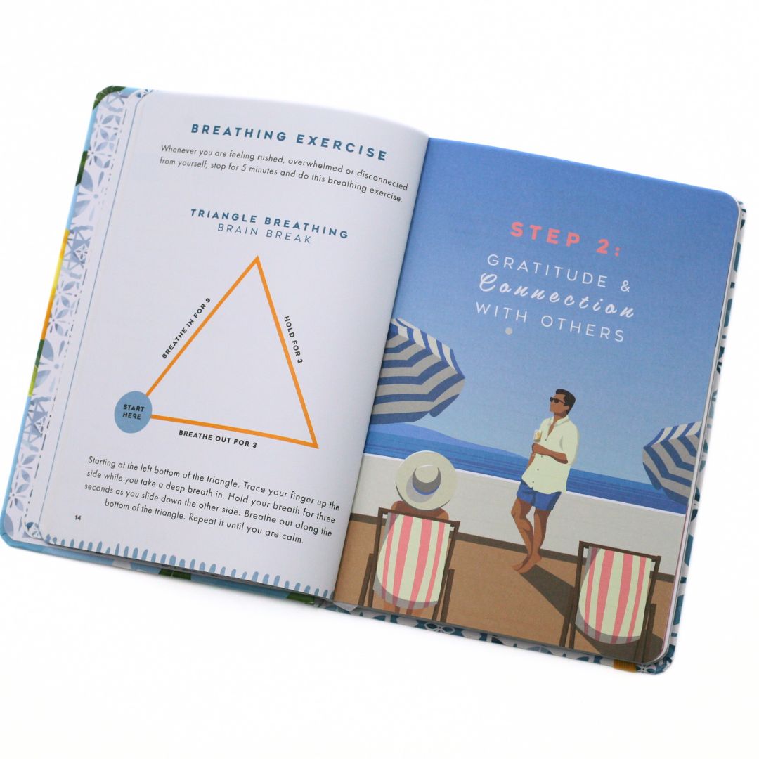 Open La Dolce Vita Life is beautiful guided vision Journal with Breathing exercises in a beach-themed design and text on a white background