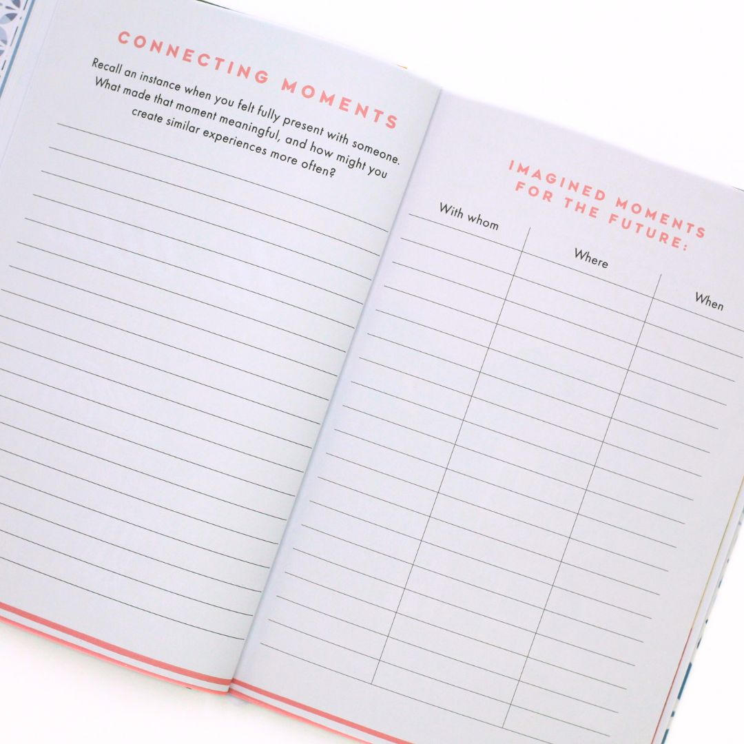 Open La Dolce Vita Life is beautiful guided vision Journal with prompts for connecting moments and imagined future moments on a white background
