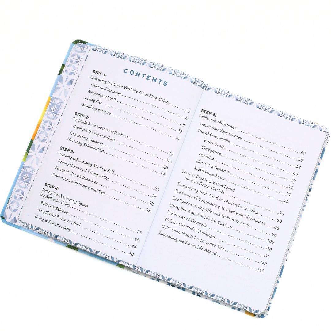 La Dolce Vita Life is beautiful guided vision Journal Table of contents page of a book with floral design on the cover