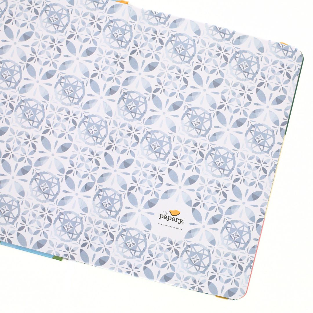 La Dolce Vita Life is beautiful guided vision Journal with blue geometric pattern and Papery logo on a white background