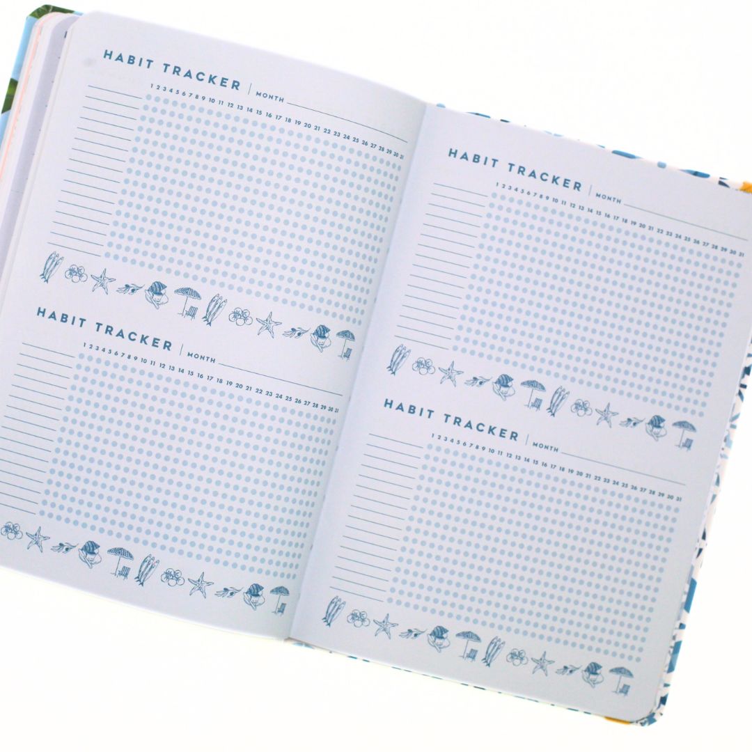 Open La Dolce Vita Life is beautiful guided vision Journal with habit tracker pages on a white background