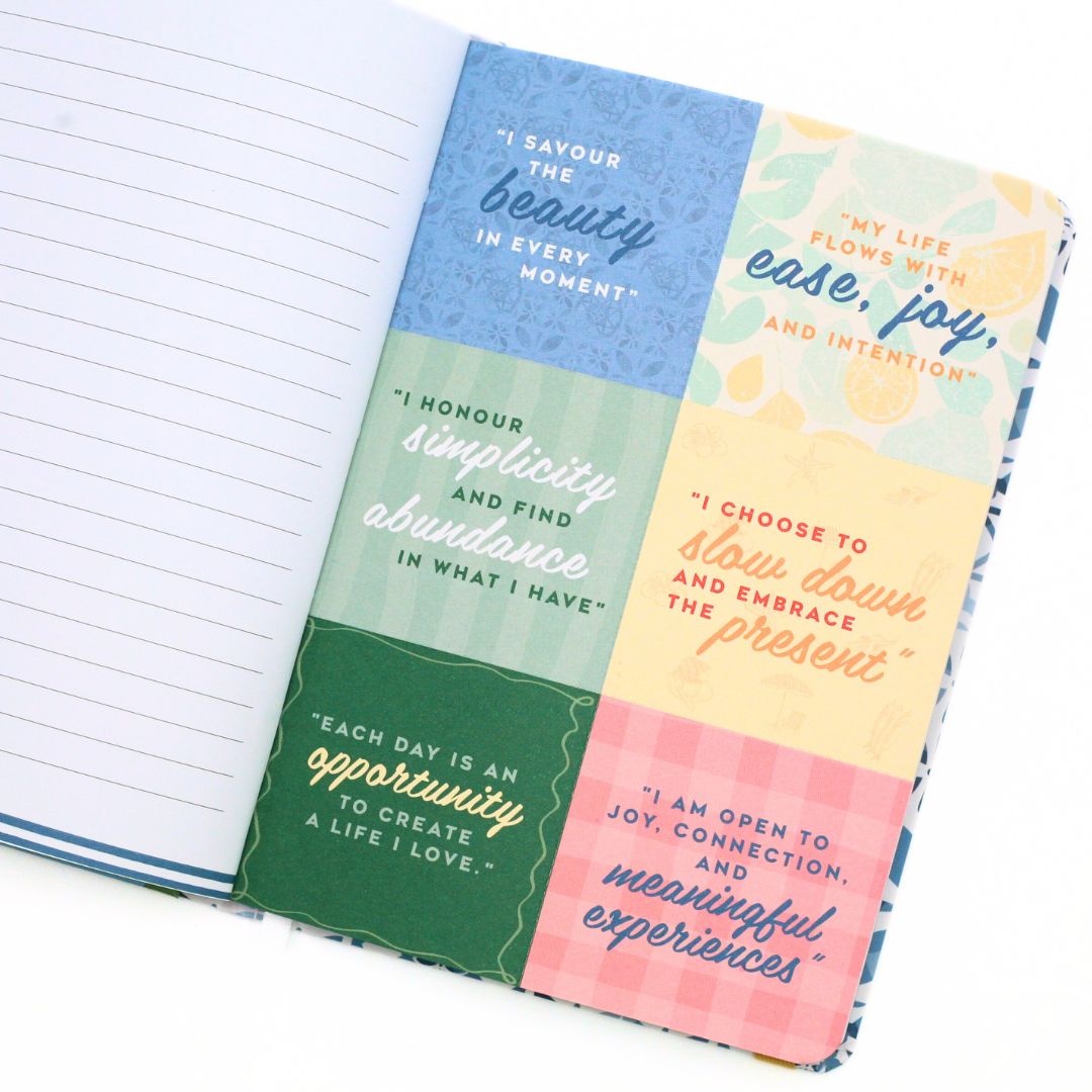 Open La Dolce Vita Life is beautiful guided vision Journal with colorful bookmarks featuring motivational quotes.