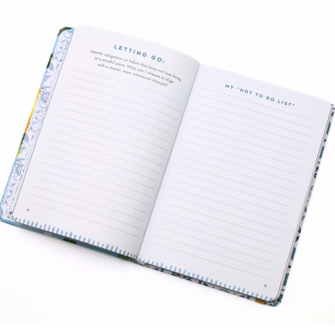 Open La Dolce Vita Life is beautiful guided vision Journal with lined and interactive text ' Letting go" and 'My not to do list' pages on a white background