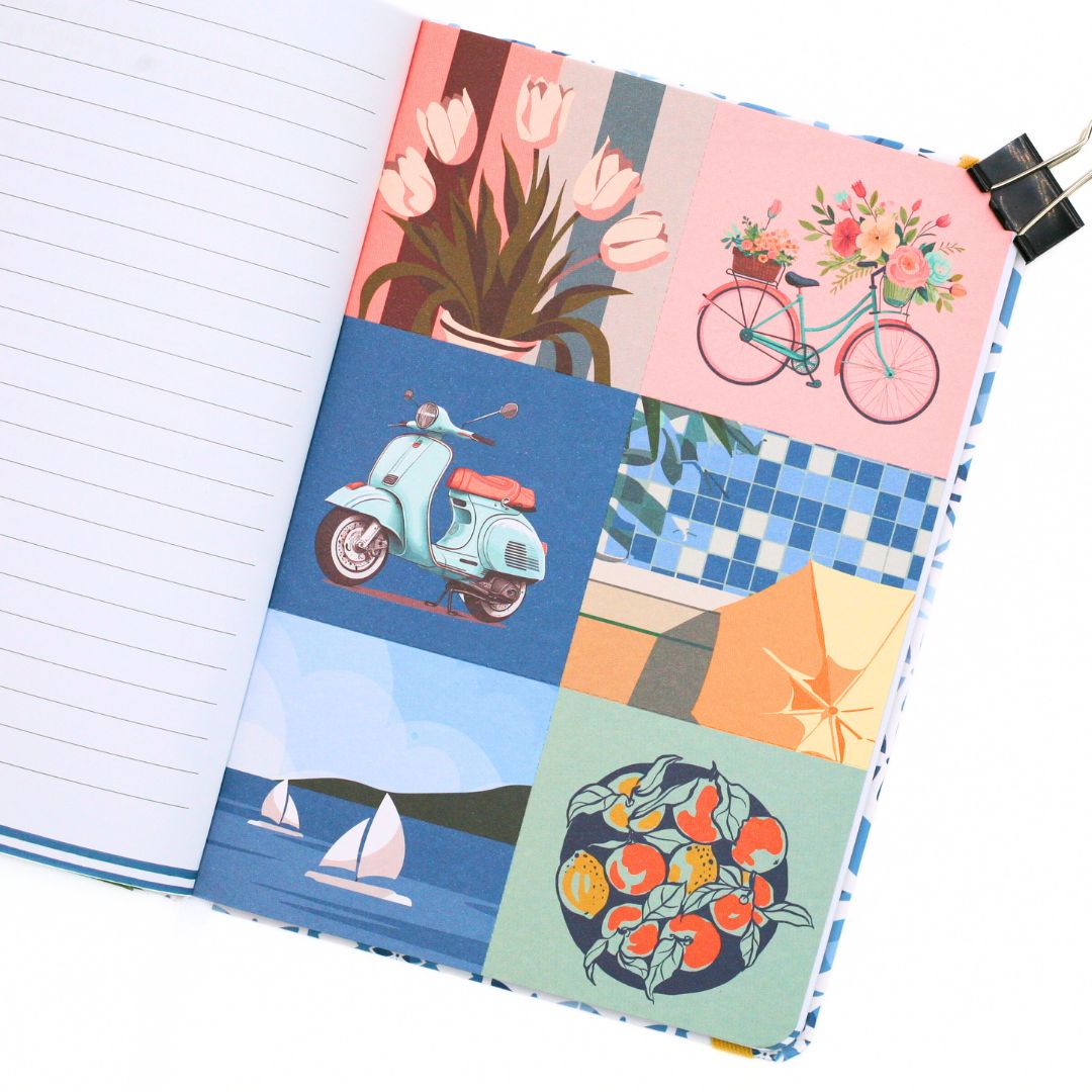 La Dolce Vita Life is beautiful guided vision Journal with a colorful perforated page featuring various illustrations.