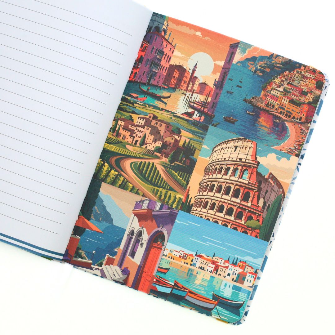 La Dolce Vita Life is beautiful guided vision Journal with colorful designs on a perforated page of a cityscape, sunset, beach, villa, castle and medieval