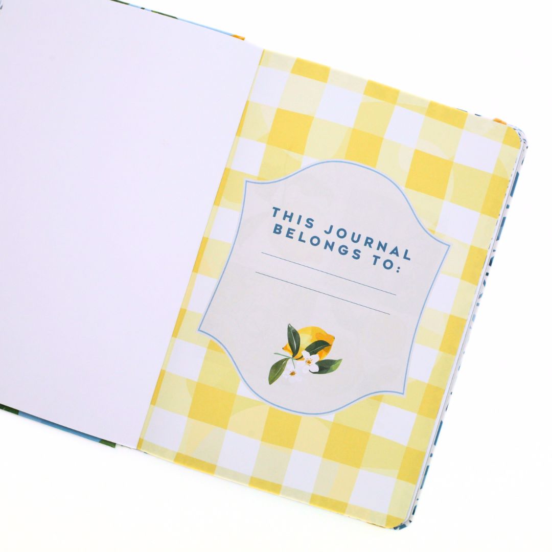 La Dolce Vita Life is beautiful guided vision Journal with yellow and white checkered cover and 'This Journal Belongs To' text for personalization