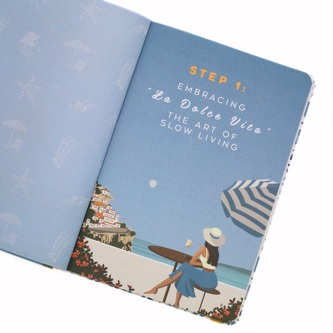 La Dolce Vita Life is beautiful guided vision Journal with steps in a beach scene illustration and 'Embracing the art of slow living' text on a white background