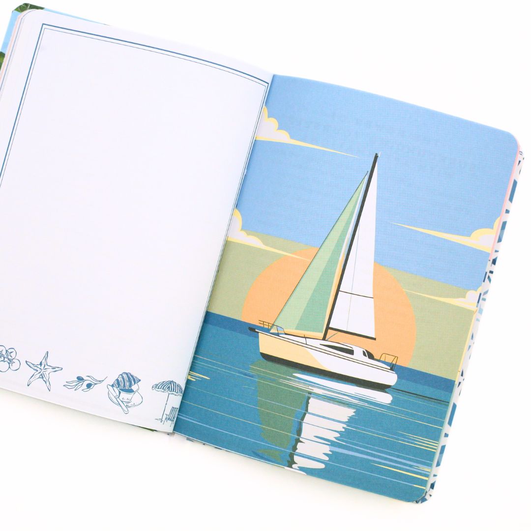 La Dolce Vita Life is beautiful guided vision Journal tip in page with a sailboat design on the cover