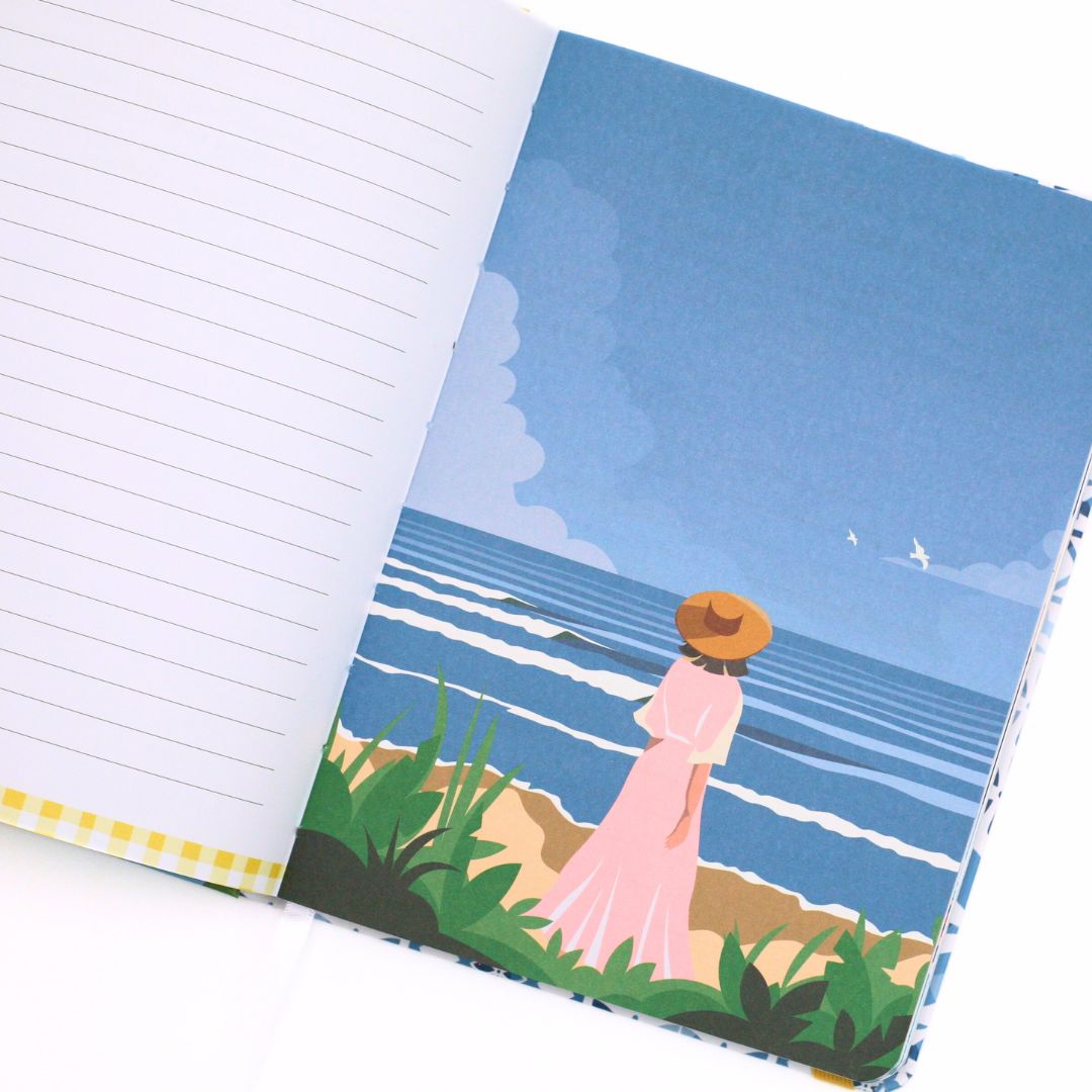 La Dolce Vita Life is beautiful guided vision Journal lined page and with a beach scene illustration on the right