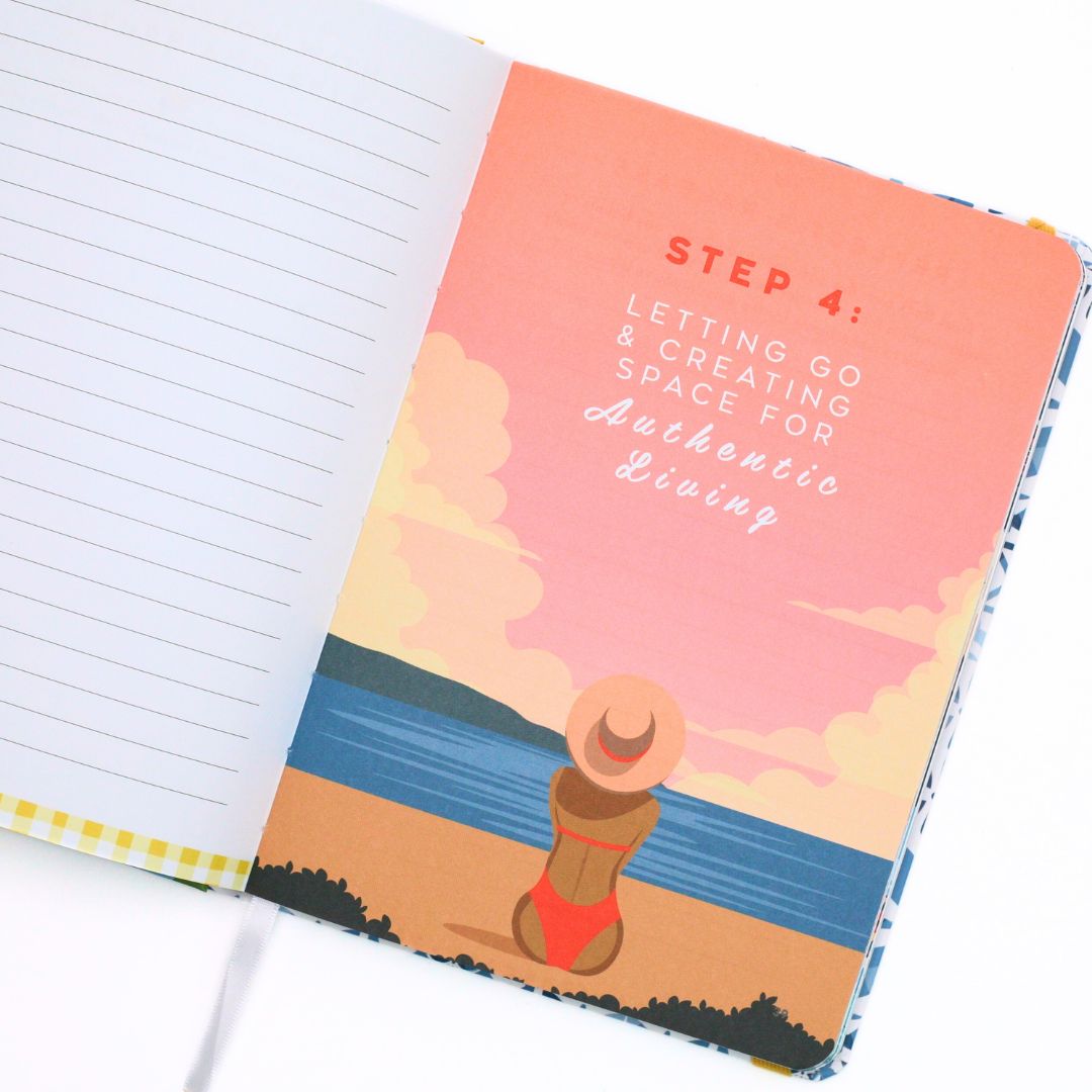 La Dolce Vita Life is beautiful guided vision Journal with a beach-themed inside page and 'Step 4 Letting go & creating space for authentic living' text with lined page on a white background