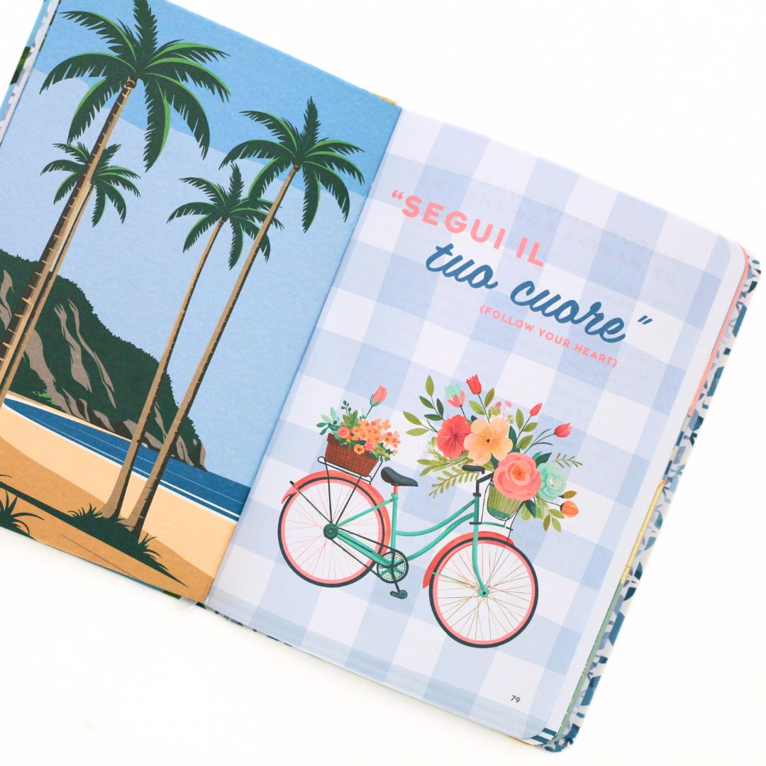 La Dolce Vita Life is beautiful guided vision Journal with different covers, one with palm trees and the other with a bicycle and flowers.