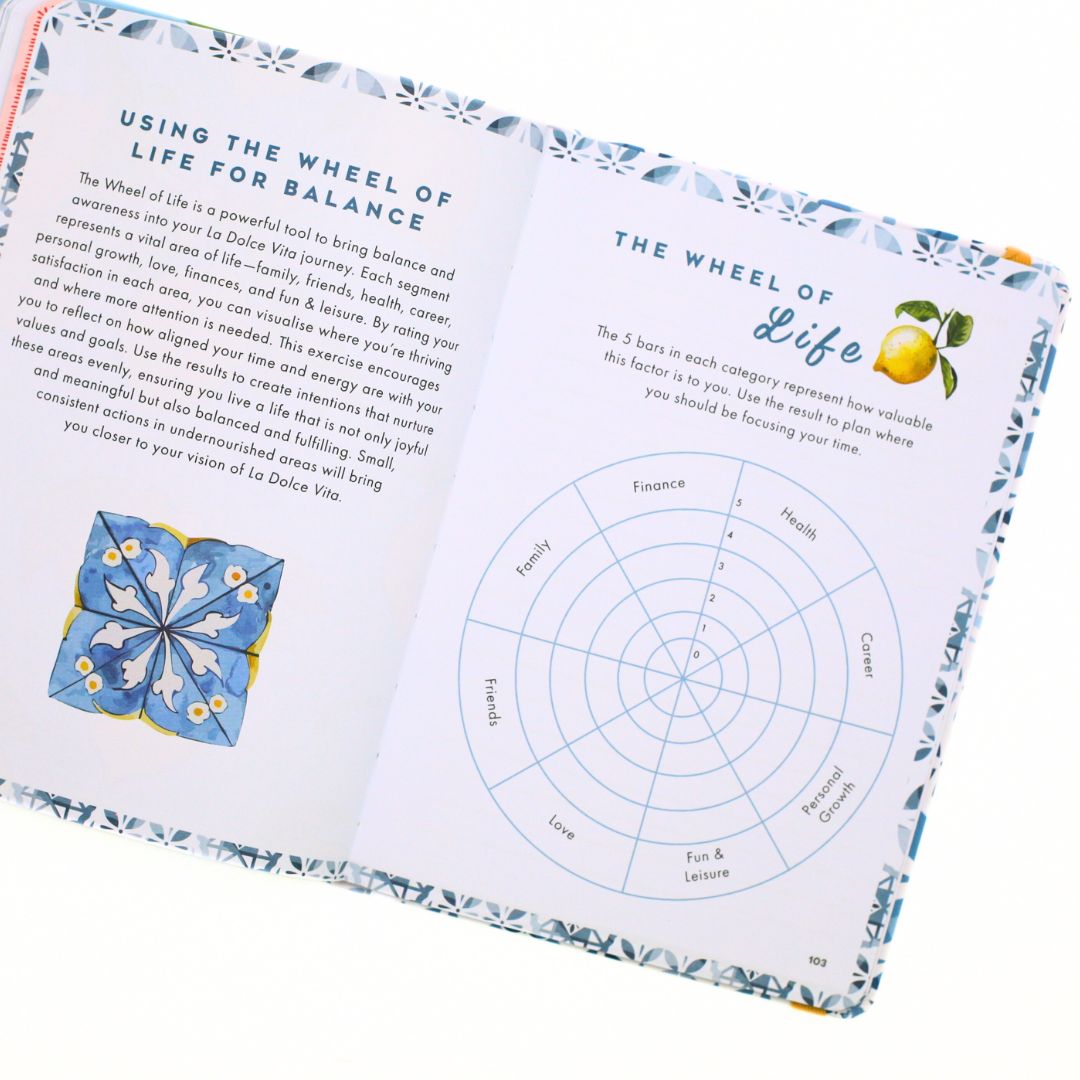Open La Dolce Vita Life is beautiful guided vision Journal with 'Wheel of Life' diagram and text on a white background