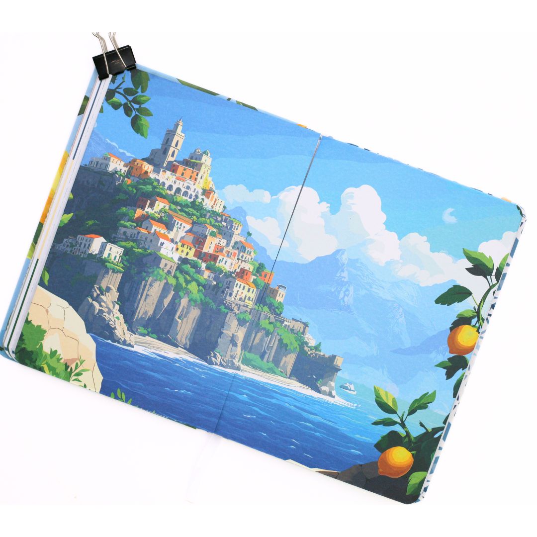 La Dolce Vita Life is beautiful guided vision Journal with a scenic design of a coastal town vision board printed cover