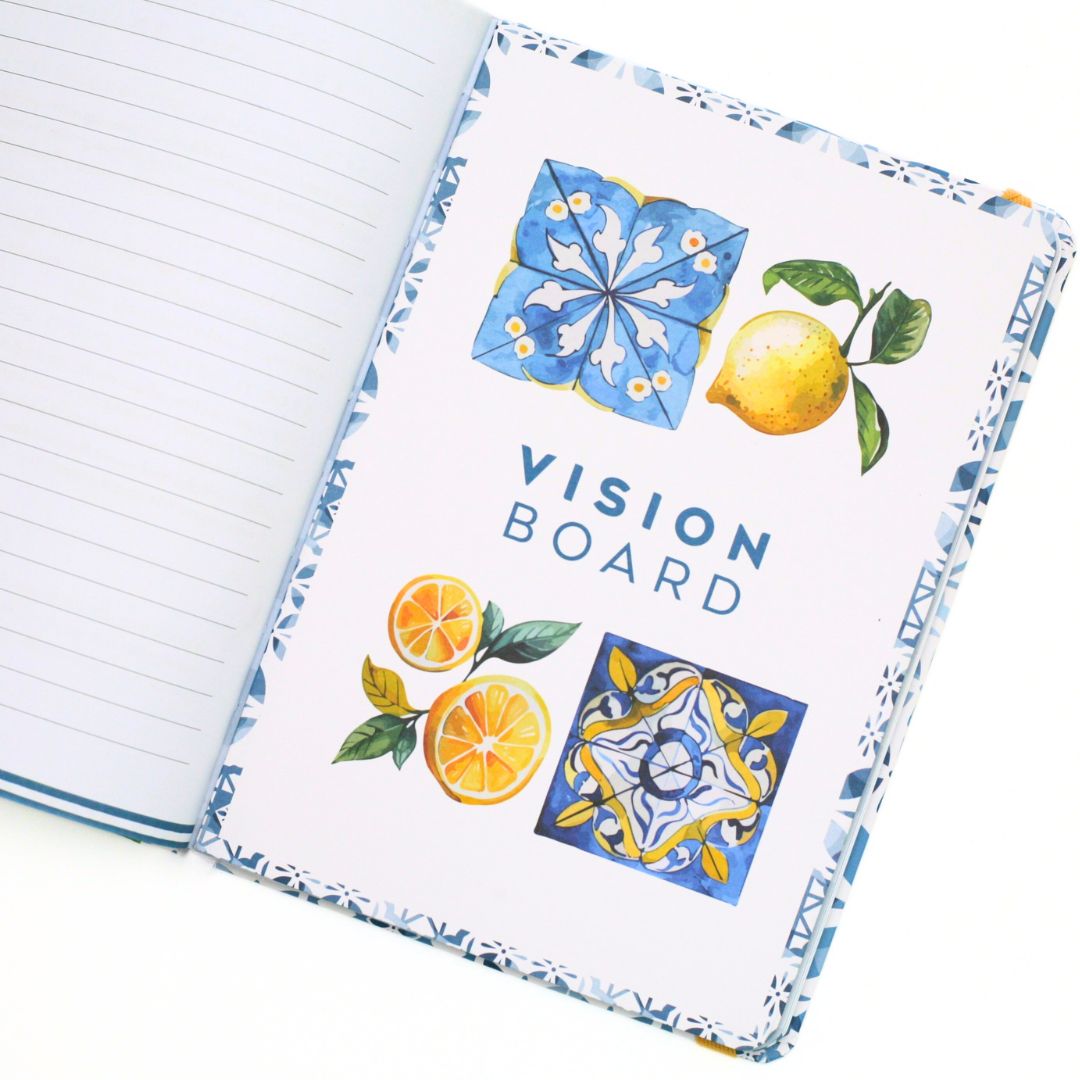 Vision board with decorative cover featuring lemons and tiles on La Dolce Vita Life is beautiful guided vision Journal 