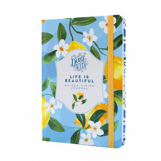 La Dolce Vita Life is beautiful guided vision Journal with lemon and flower design and matching ribbon on a blue background