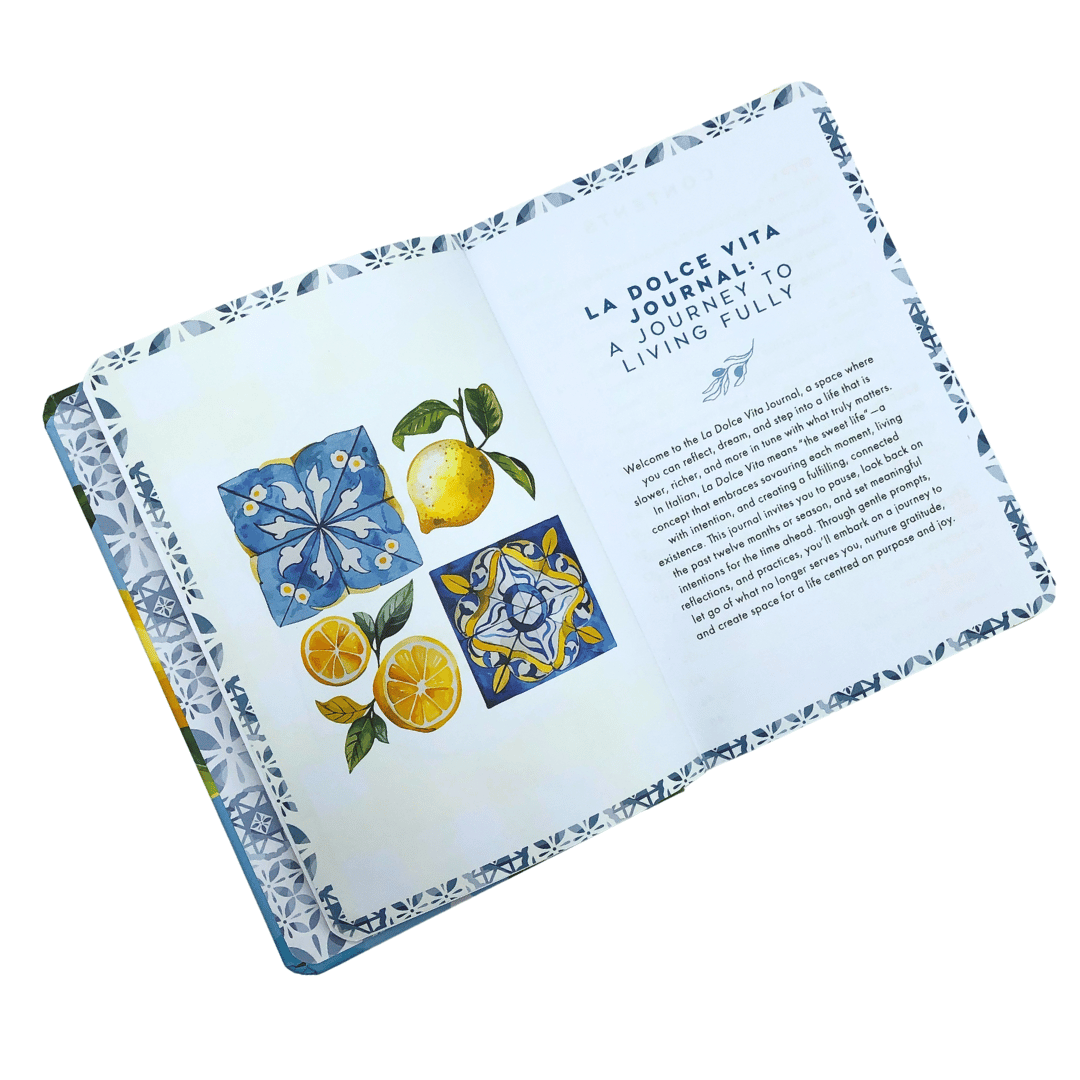 La Dolce Vita Life is beautiful guided vision Journal inside page with decorative tiles and lemons on a white background