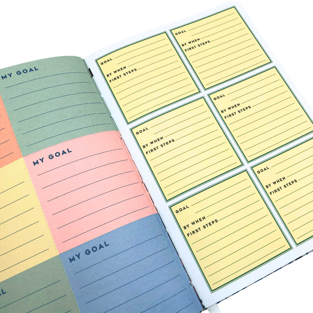 Inside La Dolce Vita Life is beautiful guided vision Journal Colorful goal-setting sticky notes on a white background