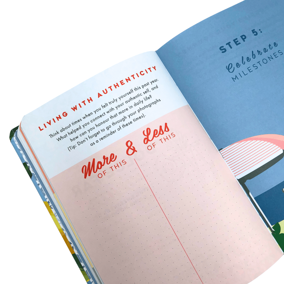 Open La Dolce Vita Life is beautiful guided vision Journal with interactive steps text and design elements on a white background