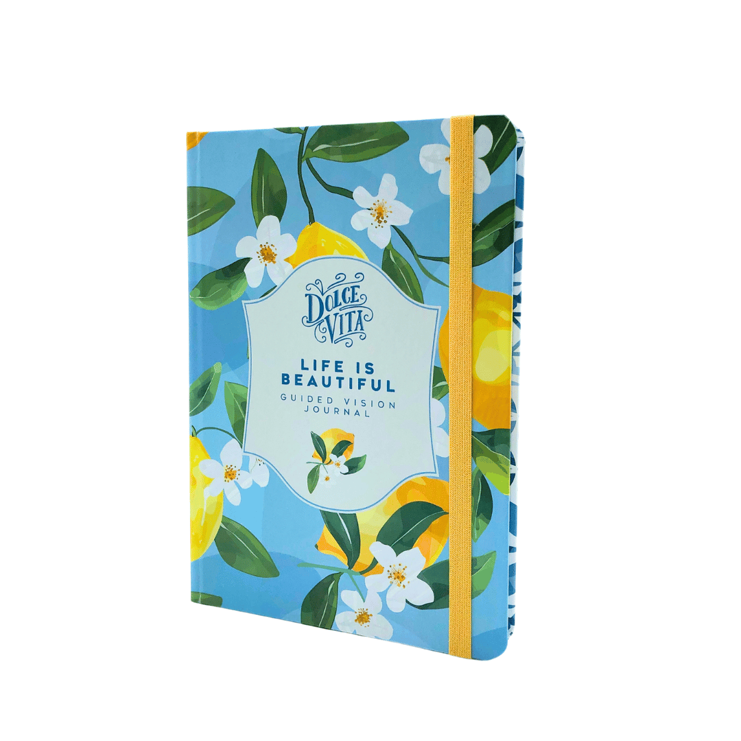 La Dolce Vita Life is beautiful guided vision Journal and matching ribbon with floral design and 'Life is Beautiful' text on a white background