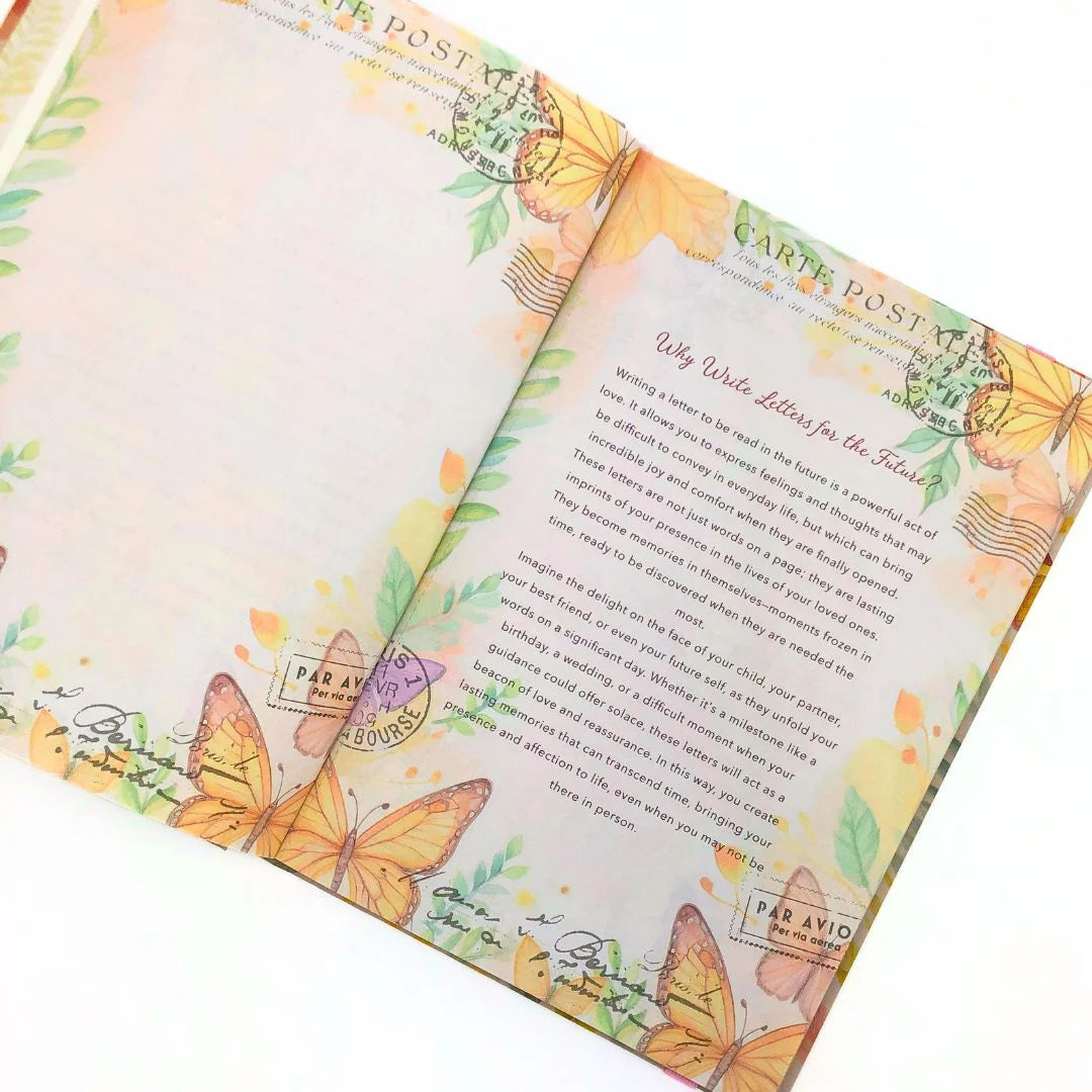 Inside pages of Letters to the future Journal with butterfly designs and text on a white background