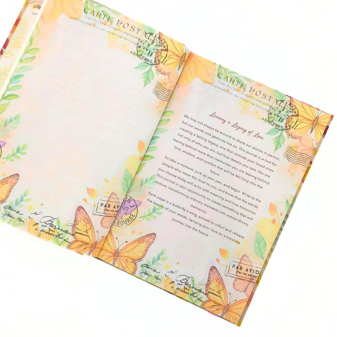 Inside page of Letters to the future Journal with butterfly-themed letters with envelopes on a white background