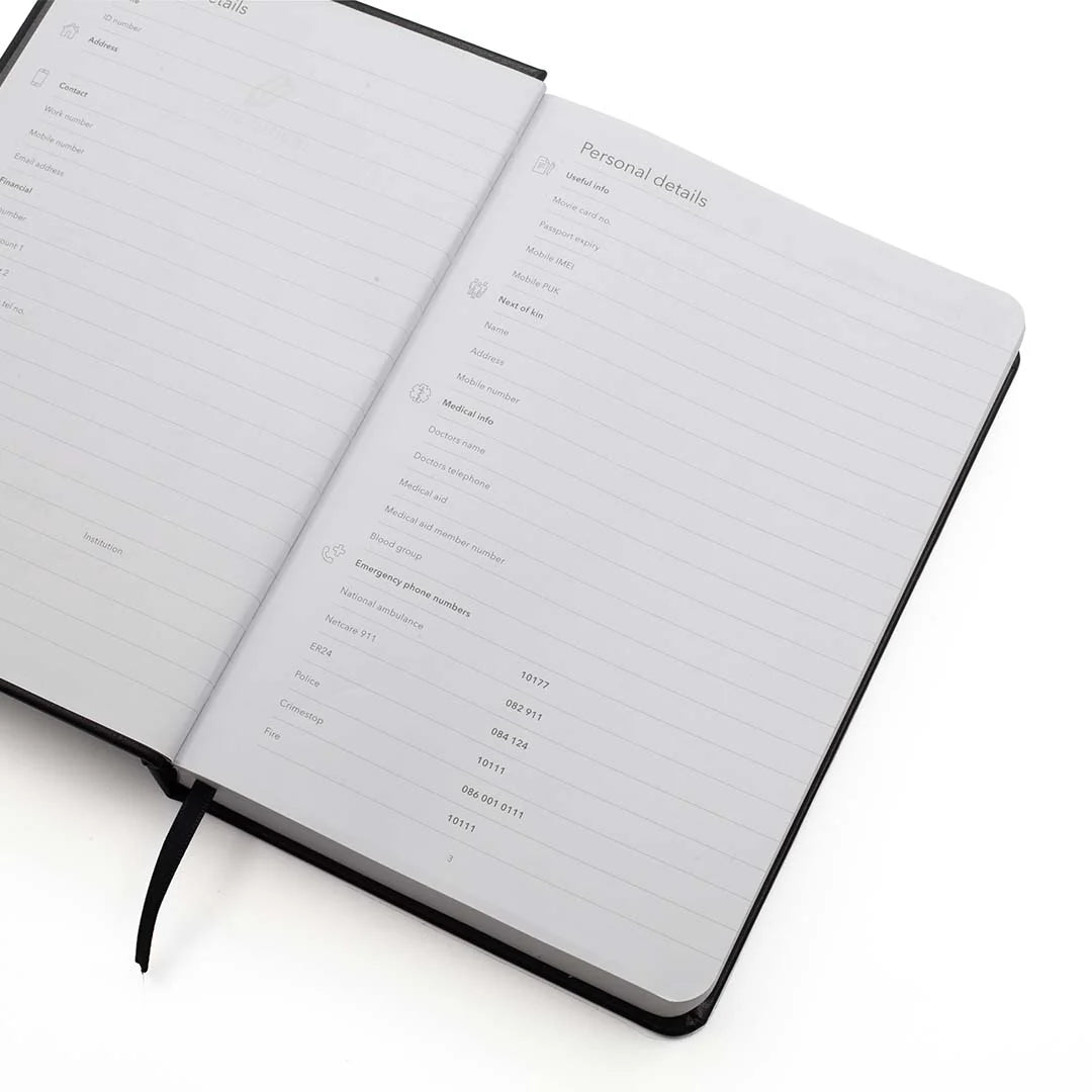 Lined pages inside of Black multi planner with a details page on a white background