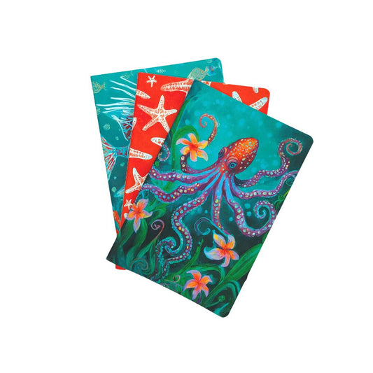 Three colorful Ocean Treasures Notebooks Bundle A5 with ocean-themed designs on a white background