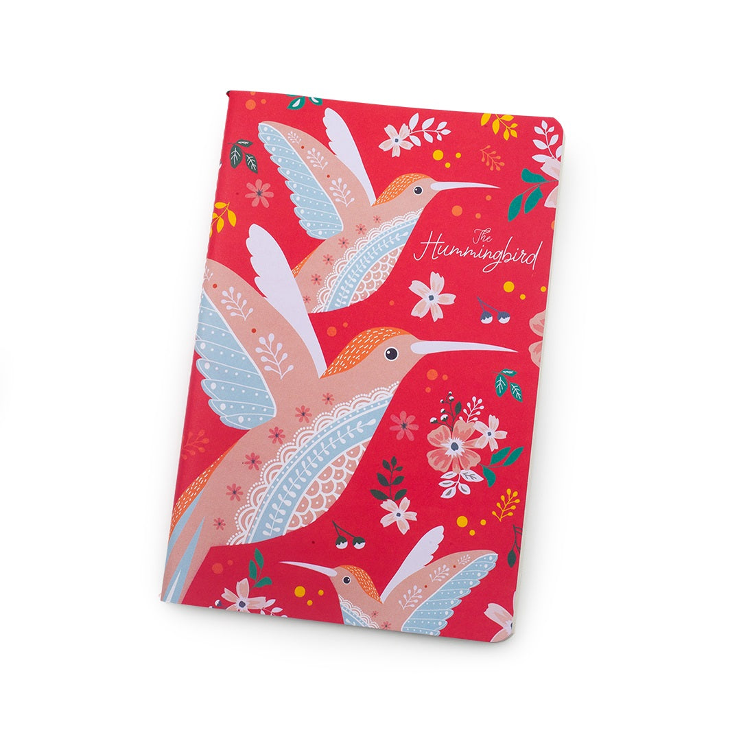 Front of Hummingbird Notebooks A5 with a colorful pink hummingbird design on a white background