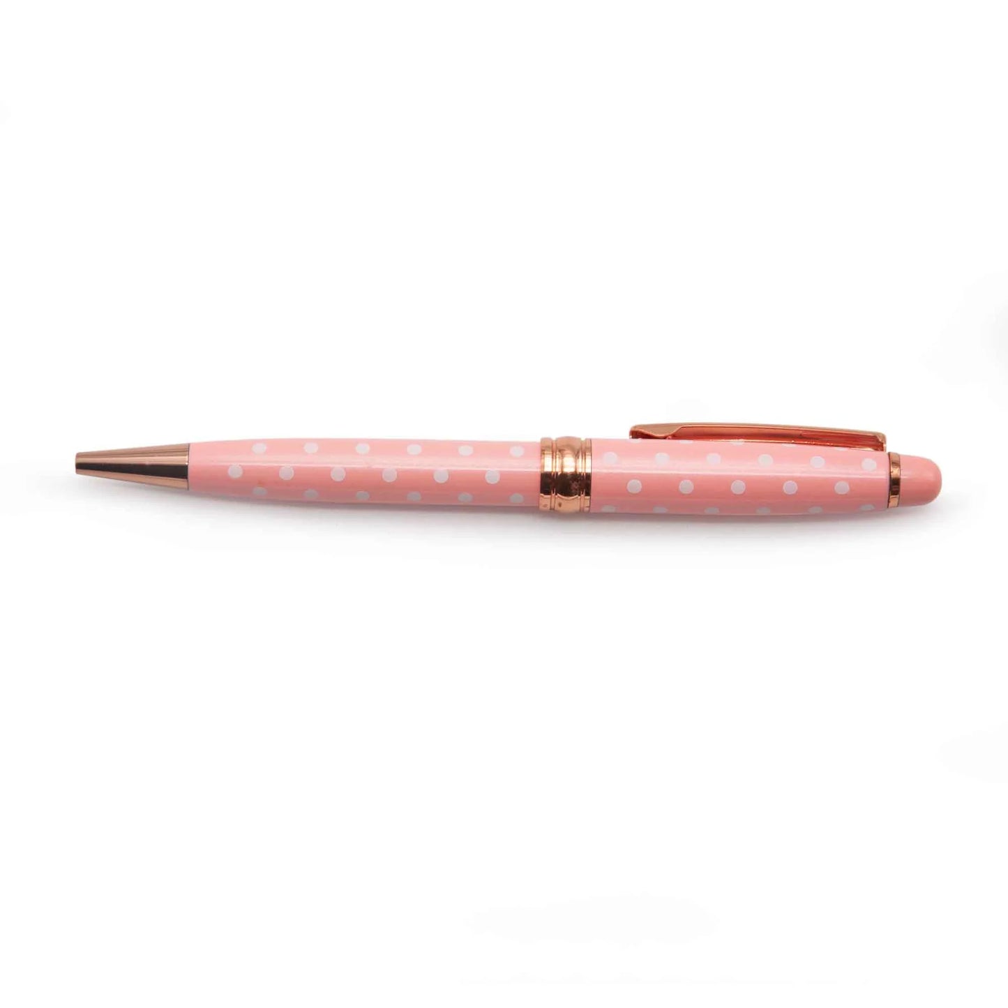 Dotted Pens in Pink pen with white polka dots on a white background
