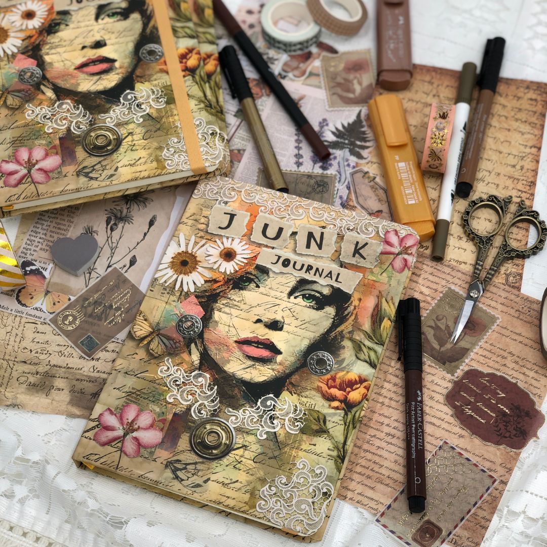 Two junk journals with decorative covers on a surface with stationery items.