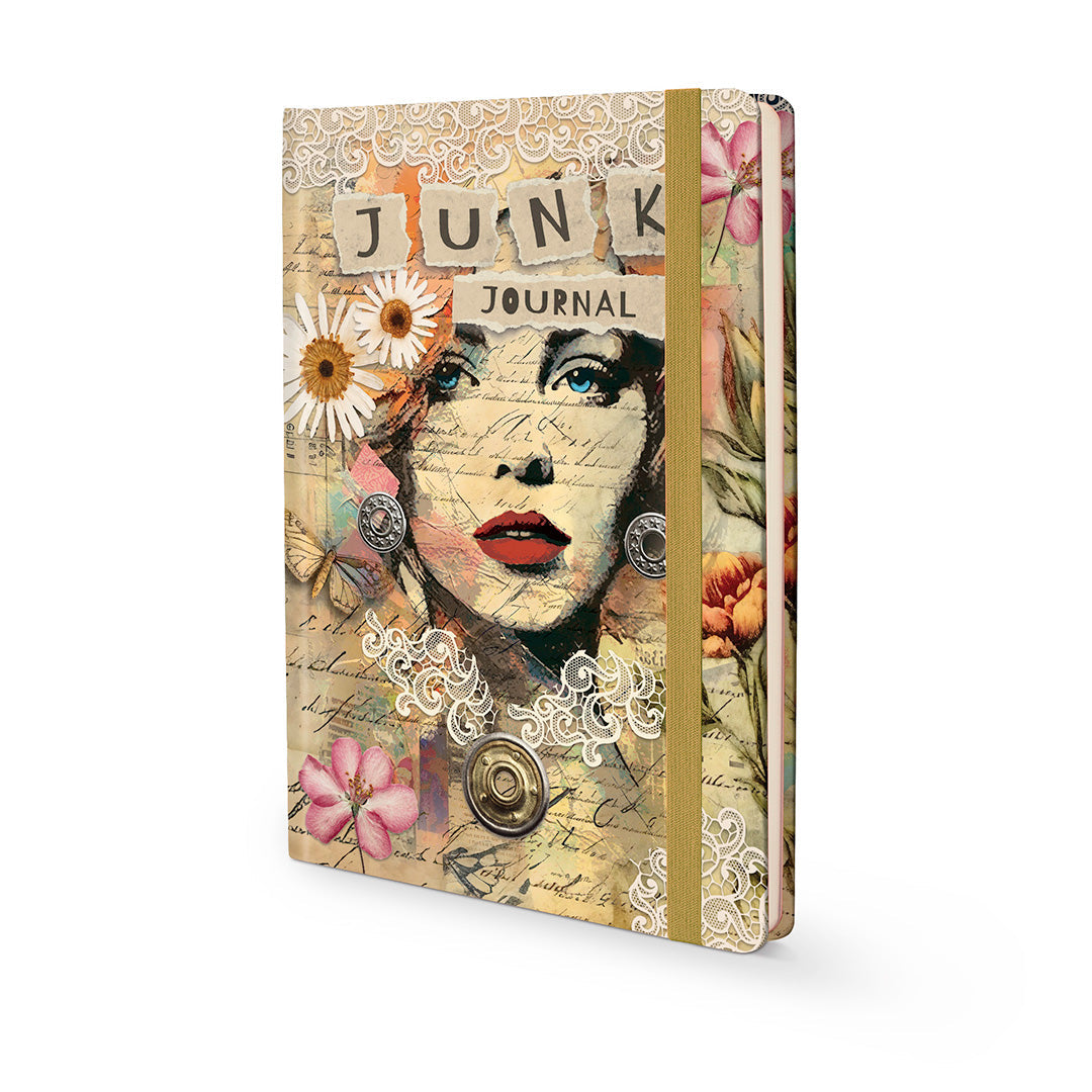Premium dotted Junk Journal Decorative with artistic cover and matching ribbon featuring a woman's face and flowers on a white background