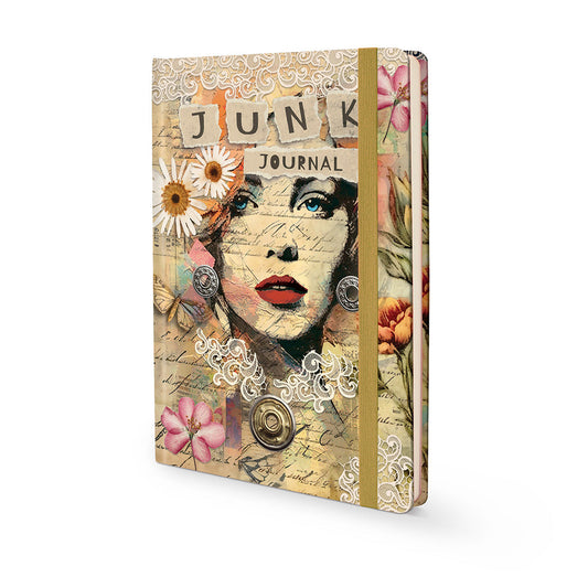 Premium dotted Junk Journal Decorative with artistic cover and matching ribbon featuring a woman's face and flowers on a white background