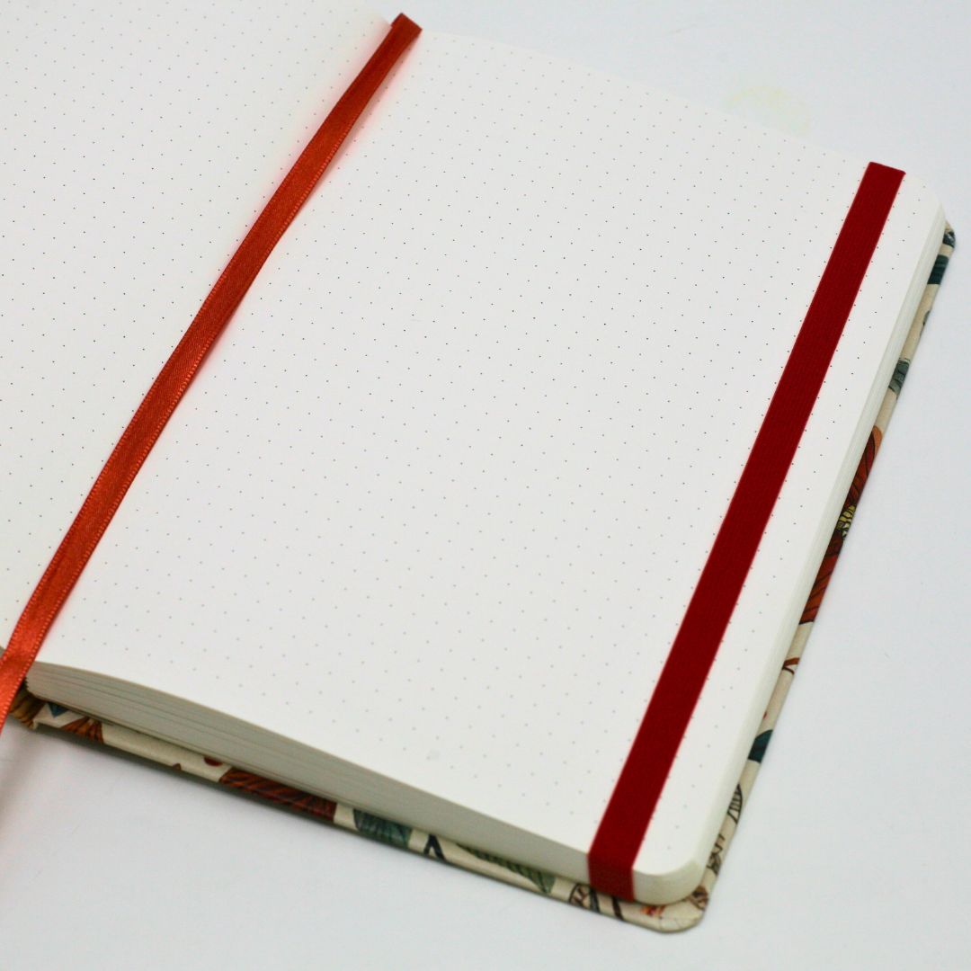 Open notebook to see the dotted pages inside with matching ribbon on a white background